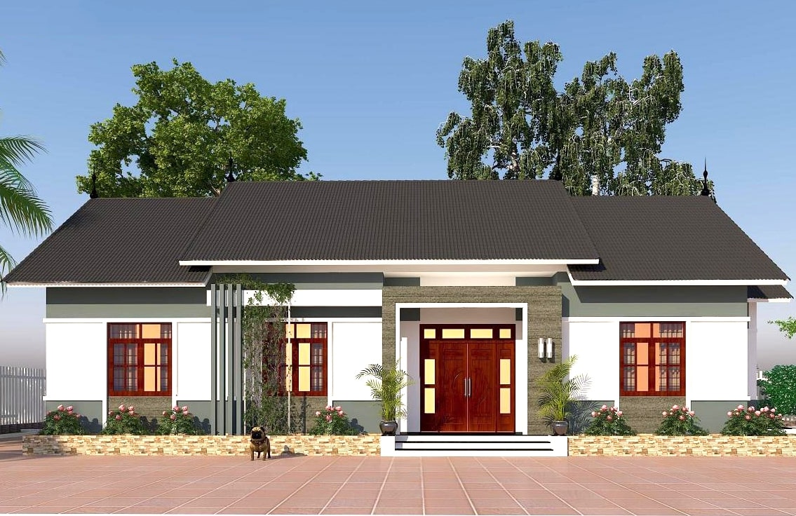 mẫu thiết kế nhà mái tôn đẹp 3 gian truyền thống với tôn màu xám đen